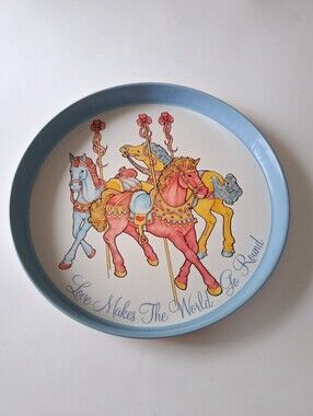 Vintage 80s Carousel Horse Metal Tin Tray Decor